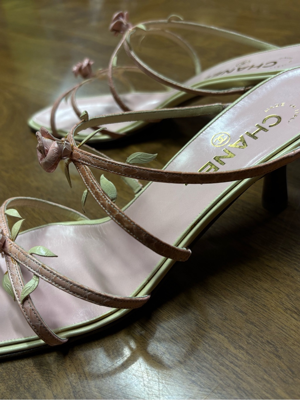 Chanel 2001 Vintage Karl Lagerfeld Light Pink Rosebud Leather Heels | Size 38.5 — image 2 of 8
